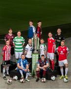 14 February 2017; Players, from left to right, Aaron McEneff, Derry City, Colm Horgan, Galway United, Ronan Finn, Shamrock Rovers, Johnny Barrett, Finn Harps, Stephen O'Donnell, Dundalk FC, Dave O'Connor, Limerick FC, Dinny Corcoran, Bohemian FC, Steven Beattie, Cork City, Richard Purdy, Drogheda United, Ian Bermingham, St. Patrick's Athletic, Conor Kenna, Bray Wanderers and Craig Rodden, Sligo Rovers, in attendance at the SSE Airtricity League Launch 2017 at the Aviva Stadium in Lansdowne Road in Dublin. Photo by David Maher/Sportsfile