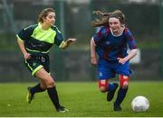 14 February 2017; Grace Mullane, right, of Coláiste na Trócaire Rathkeale in action against Saoirse Luddan of Sacred Heart Westport during the Bank of Ireland FAI Schools Senior Girls National Cup Final match between Sacred Heart School Westport and Coláiste na Trócaire Rathkeale at Home Farm FC in Whitehall, Dublin. Photo by Cody Glenn/Sportsfile