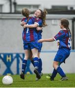 14 February 2017; Eadaoin Lyons, left, of Coláiste na Trócaire Rathkeale celebrates with team-mates Anna Shanagher, centre, and Phoenix Mulcaire Shire after scoring her side's first goal during the Bank of Ireland FAI Schools Senior Girls National Cup Final match between Sacred Heart School Westport and Coláiste na Trócaire Rathkeale at Home Farm FC in Whitehall, Dublin. Photo by Cody Glenn/Sportsfile