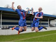 14 February 2017; Coláiste na Trócaire Rathkeale joint captains Kate Geary, left, and Eadaoin Lyons celebrate with the trophy after their victory in the Bank of Ireland FAI Schools Senior Girls National Cup Final match between Sacred Heart School Westport and Coláiste na Trócaire Rathkeale at Home Farm FC in Whitehall, Dublin. Photo by Cody Glenn/Sportsfile