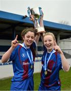 14 February 2017; Coláiste na Trócaire Rathkeale joint captains Kate Geary, left, and Eadaoin Lyons celebrate with the trophy after their victory in the Bank of Ireland FAI Schools Senior Girls National Cup Final match between Sacred Heart School Westport and Coláiste na Trócaire Rathkeale at Home Farm FC in Whitehall, Dublin. Photo by Cody Glenn/Sportsfile