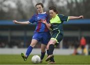 14 February 2017; Claire Gohery, left, of Coláiste na Trócaire Rathkeale in action against Megan Dever of Sacred Heart School Westport during the Bank of Ireland FAI Schools Senior Girls National Cup Final match between Sacred Heart School Westport and Coláiste na Trócaire Rathkeale at Home Farm FC in Whitehall, Dublin. Photo by Craig Hanbury/Sportsfile