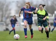 14 February 2017; Rachael Anderson, left, of Coláiste na Trócaire Rathkeale in action against Megan Dever of Sacred Heart School Westport during the Bank of Ireland FAI Schools Senior Girls National Cup Final match between Sacred Heart School Westport and Coláiste na Trócaire Rathkeale at Home Farm FC in Whitehall, Dublin. Photo by Craig Hanbury/Sportsfile