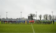 14 February 2017; Players from both teams stand during the National Anthem ahead of the Bank of Ireland FAI Schools Senior Girls National Cup Final match between Sacred Heart School Westport and Coláiste na Trócaire Rathkeale at Home Farm FC in Whitehall, Dublin. Photo by Cody Glenn/Sportsfile