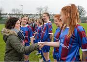 14 February 2017; Ciara McGuigan, Bank of Ireland Youth Banking, meets members of the Coláiste na Trócaire Rathkeale team ahead of the Bank of Ireland FAI Schools Senior Girls National Cup Final match between Sacred Heart School Westport and Coláiste na Trócaire Rathkeale at Home Farm FC in Whitehall, Dublin. Photo by Cody Glenn/Sportsfile