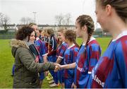 14 February 2017; Ciara McGuigan, Bank of Ireland Youth Banking, meets members of the Coláiste na Trócaire Rathkeale team ahead of the Bank of Ireland FAI Schools Senior Girls National Cup Final match between Sacred Heart School Westport and Coláiste na Trócaire Rathkeale at Home Farm FC in Whitehall, Dublin. Photo by Cody Glenn/Sportsfile