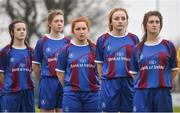 14 February 2017; Coláiste na Trócaire Rathkeale players stand during the National Anthem ahead of the Bank of Ireland FAI Schools Senior Girls National Cup Final match between Sacred Heart School Westport and Coláiste na Trócaire Rathkeale at Home Farm FC in Whitehall, Dublin. Photo by Cody Glenn/Sportsfile