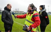 14 February 2017; Dundalk FC goalkeeper Gary Rogers is interviewed ahead of the Bank of Ireland FAI Schools Senior Girls National Cup Final match between Sacred Heart School Westport and Coláiste na Trócaire Rathkeale at Home Farm FC in Whitehall, Dublin. Photo by Cody Glenn/Sportsfile