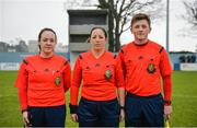 14 February 2017; Referee Deirdre Nolan, centre, with assistant referees Sarah Dyas and Lee Duffy ahead of the Bank of Ireland FAI Schools Senior Girls National Cup Final match between Sacred Heart School Westport and Coláiste na Trócaire Rathkeale at Home Farm FC in Whitehall, Dublin. Photo by Cody Glenn/Sportsfile