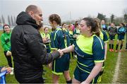14 February 2017; Dundalk FC goalkeeper Gary Rogers hands out medals to members of the Sacred Heart School Westport team following the Bank of Ireland FAI Schools Senior Girls National Cup Final match between Sacred Heart School Westport and Coláiste na Trócaire Rathkeale at Home Farm FC in Whitehall, Dublin. Photo by Cody Glenn/Sportsfile