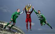 15 February 2017; Stephen Carroll, centre, Peake Villa FC, Tipperary, Sean Barcoe, left, Evergreen FC, Kilkenny and John McDonagh, Killarney Celtic FC, Kerry, experience the Magic of the Cup as part of Aviva’s FAI Junior Cup Last Eight launch and Quarter Final draw at the Aviva Stadium today.  This is Aviva’s fifth year sponsoring Europe’s largest amateur football competition and ensures that the FAI Junior Cup Final will again be played at the Aviva Stadium on the 13th May.  Aviva’s sponsorship has also produced national television coverage for the FAI Junior Cup from Round Three of this season’s competition and every game from the Quarter Finals to the Final will be filmed for television broadcast on eir Sport and TG4. #RoadToAviva. For more information www.aviva.ie/faijuniorcup Photo by Brendan Moran/Sportsfile