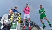 15 February 2017; Aviva FAI Junior Cup Ambassador Brian Gartlland, left, and players, Anthony O'Donnell, Carrick United FC, Tipperary, Lee Murphy, Sheriff YC FC, Dublin and Thomas Heffernan, Kilmallock FC, Limeirck, experience the Magic of the Cup as part of Aviva’s FAI Junior Cup Last Eight launch and Quarter Final draw at the Aviva Stadium today.  This is Aviva’s fifth year sponsoring Europe’s largest amateur football competition and ensures that the FAI Junior Cup Final will again be played at the Aviva Stadium on the 13th May.  Aviva’s sponsorship has also produced national television coverage for the FAI Junior Cup from Round Three of this season’s competition and every game from the Quarter Finals to the Final will be filmed for television broadcast on eir Sport and TG4. #RoadToAviva. For more information www.aviva.ie/faijuniorcup Photo by Brendan Moran/Sportsfile