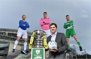 15 February 2017; Aviva FAI Junior Cup Ambassador Kevin Kilbane, with, from left, Anthony O'Donnell, Carrick United FC, Tipperary, Lee Murphy, Sheriff YC FC, Dublin and Thomas Heffernan, Kilmallock FC, Limeirck, as they experience the Magic of the Cup as part of Aviva’s FAI Junior Cup Last Eight launch and Quarter Final draw at the Aviva Stadium today.  This is Aviva’s fifth year sponsoring Europe’s largest amateur football competition and ensures that the FAI Junior Cup Final will again be played at the Aviva Stadium on the 13th May.  Aviva’s sponsorship has also produced national television coverage for the FAI Junior Cup from Round Three of this season’s competition and every game from the Quarter Finals to the Final will be filmed for television broadcast on eir Sport and TG4. #RoadToAviva. For more information www.aviva.ie/faijuniorcup Photo by Brendan Moran/Sportsfile