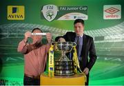 15 February 2017; Terry Cassin, Umbro Teamwear Sales Executive, draws Boyle Celtic as the way team to face Carrick United AFC, drawn by Robert Kennedy, Aviva Ireland Head of Sales, during the FAI Junior Cup Quarter Final Launch and Draw at the Aviva Stadium in Lansdown Road, Co. Dublin. Photo by Cody Glenn/Sportsfile