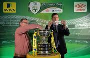 15 February 2017; Robert Kennedy, Aviva Ireland Head of Sales, draws Peake Villad AFC as the home team to face Sheriff YC, drawn by Terry Cassin, Umbro Teamwear Sales Executive, during the FAI Junior Cup Quarter Final Launch and Draw at the Aviva Stadium in Lansdown Road, Co. Dublin. Photo by Cody Glenn/Sportsfile