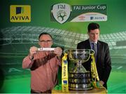 15 February 2017; Terry Cassin, Umbro Teamwear Sales Executive, draws Sheriff YC as the away team to face Peake Villa AFC, drawn by Robert Kennedy, Aviva Ireland Head of Sales, during the FAI Junior Cup Quarter Final Launch and Draw at the Aviva Stadium in Lansdown Road, Co. Dublin. Photo by Cody Glenn/Sportsfile