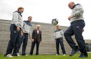 19 July 2011; Milo Corcoran, centre, former President of the Football Association of Ireland and founder of the Football Village of Hope with FAI coaches Ger Dunne, left, and Emma Martin, Sue Ronan, right, newly appointed Ireland senior Women's manager, and Dave Connell, Women's Under 19 team manager, in attendance at a photocall to announce details of the Football Village of Hope 2011. The Football Village of Hope is an Israeli-Palestinian football based peace building initiative that will host over 120 Israeli and Palestinian boys and girls from the Twinned Peace and Sport Schools program. Over the coming four weeks the 4 coaches from the Football Association of Ireland will accompany Football Village of Hope founder Milo Corcoran to Israel for this year's Football Village of Hope. FAI Headquarters, Abbotstown, Dublin. Photo by Sportsfile