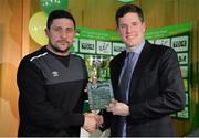 15 February 2017; Sheriff YC manager Alan Reilly is presented with the Performance of the Round Award from Robert Kennedy, Aviva Ireland Head of Sales, during the FAI Junior Cup Quarter Final Launch and Draw at the Aviva Stadium in Lansdown Road, Co. Dublin. Photo by Cody Glenn/Sportsfile