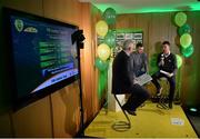 15 February 2017; Alan Cawley, right, and Al Foran are  interviewed by presenter Con Murphy during the FAI Junior Cup Quarter Final Launch and Draw at the Aviva Stadium in Lansdown Road, Co. Dublin. Photo by Cody Glenn/Sportsfile