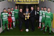 15 February 2017; In attendance at Aviva’s FAI Junior Cup Last Eight Launch and Quarter Final draw at the Aviva Stadium today are, Terry Cassin, Umbro, Noel Fitzroy, Chairman of FAI Junior Council, and Robert Kennedy, Aviva, with, from left, Thomas Heffernan of Kilmallock FC, Limerick, Stephen Carroll, Peake Villa FC, Tipperary, Anthony O'Donnell, Carrick United FC, Tipperary, Sean Barcoe, Evergreen FC, Kilkenny, Chane Clarke, Janesboro FC, Limerick, Lee Murphy, of holders Sheriff YC FC, Dublin, , John McDonagh, Killarney Celtic FC, Kerry, and Lochlainn Conboy, Boyle Celtic, Roscommon.  This is Aviva’s fifth year sponsoring Europe’s largest amateur football competition and ensures that the FAI Junior Cup Final will again be played at the Aviva Stadium on the 13th May.  Aviva’s sponsorship has also produced national television coverage for the FAI Junior Cup from Round Three of this season’s competition and every game from the Quarter Finals to the Final will be filmed for television broadcast on eir Sport and TG4. #RoadToAviva. For more information www.aviva.ie/faijuniorcup. Photo by Seb Daly/Sportsfile