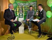 15 February 2017; Alan Cawley, right, and Al Foran, centre, are interviewed by presenter Con Murphy during the FAI Junior Cup Quarter Final Launch and Draw at the Aviva Stadium in Lansdown Road, Co. Dublin. Photo by Cody Glenn/Sportsfile