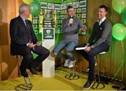 15 February 2017; Al Foran, centre, and Alan Cawley, right, are interviewed by Con Murphy during the FAI Junior Cup Quarter Final Launch and Draw at the Aviva Stadium in Lansdown Road, Co. Dublin. Photo by Cody Glenn/Sportsfile