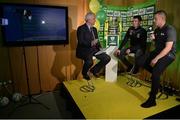 15 February 2017; Shane Clarke, right, captain of Janesboro FC, and John McDonagh, captain of Killarney Celtic AFC, are interviewed by Con Murphy during the FAI Junior Cup Quarter Final Launch and Draw at the Aviva Stadium in Lansdown Road, Co. Dublin. Photo by Cody Glenn/Sportsfile