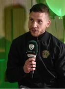 15 February 2017; Thomas Heffernan, captain of Kilmallock United AFC, is interviewed during the FAI Junior Cup Quarter Final Launch and Draw at the Aviva Stadium in Lansdown Road, Co. Dublin. Photo by Cody Glenn/Sportsfile