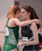 15 February 2017; Ciara Mageean, right, and Emma Mitchell, both of Ireland, embrace following the Senior Women's 1500m during the AIT International Athletics Grand Prix at the AIT International Arena in Athlone, Co. Westmeath. Photo by Sam Barnes/Sportsfile