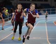 15 February 2017; Athletes from Athenry AC, Co Galway, competing during the Girls U13 4x200m relay during the AIT International Athletics Grand Prix at the AIT International Arena in Athlone, Co. Westmeath. Photo by Sam Barnes/Sportsfile