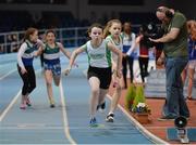 15 February 2017; Athletes from Craughwell AC, Co Galway, pass on the baton during the Girls U13 4x200m relay during the AIT International Athletics Grand Prix at the AIT International Arena in Athlone, Co. Westmeath. Photo by Sam Barnes/Sportsfile