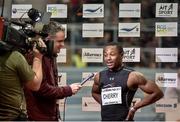 15 February 2017; D'Angelo Cherry of USA speaks to the media during the AIT International Athletics Grand Prix at the AIT International Arena in Athlone, Co. Westmeath. Photo by Sam Barnes/Sportsfile