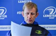 16 February 2017; Leinster rugby head coach Leo Cullen looks at his teamsheet during a press conference at the RDS Arena, Ballsbridge, Dublin. Photo by Brendan Moran/Sportsfile