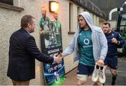 17 February 2017; Jamie Heaslip of Ireland shakes hands with Sammy Mealiff, Chairman of Monaghan RFC, as he arrives prior to an open training session at the Monaghan RFC grounds in Co. Monaghan. Photo by Seb Daly/Sportsfile
