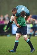 17 February 2017; Sean O'Brien of Ireland carries team-mate CJ Stander during an open training session at the Monaghan RFC grounds in Co. Monaghan. Photo by Seb Daly/Sportsfile
