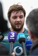 17 February 2017; Iain Henderson of Ireland speaking following an open training session at the Monaghan RFC grounds in Co. Monaghan. Photo by Seb Daly/Sportsfile