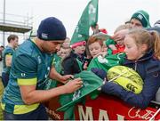 17 February 2017; Simon Zebo of Ireland signs a flag for a supporter following an open training session at the Monaghan RFC grounds in Co. Monaghan. Photo by Seb Daly/Sportsfile