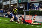 17 February 2017; Barry Daly of Leinster goes over to score his side's first try despite the tackle of Damien Hoyland of Edinburgh during the Guinness PRO12 Round 15 match between Leinster and Edinburgh at the RDS Arena in Ballsbridge, Dublin. Photo by Stephen McCarthy/Sportsfile