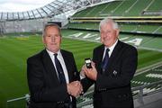22 July 2011; Outgoing IRFU president Caleb Powell, left, hands over the badge of office to the incoming president of the IRFU John Hussey after the Irish Rugby Football Union Annual Council Meeting, Aviva Stadium, Lansdowne Road, Dublin. Picture Credit : Matt Browne / SPORTSFILE