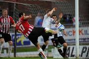 22 July 2011; Eamon Zayed, Derry City, has his goal bound shot controversially blocked on the line by Simon Madden, Dundalk, in the closing minutes of the game. Derry City v Dundalk - Airtricity League Premier Division, Brandywell, Derry. Picture Credit: Oliver McVeigh / SPORTSFILE