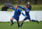 27 February 2002; Limerick's Brian Donnellan, left, celebrates with team-mate Brendan Hughes after scoring his side's winning goal during the eircom League Cup Semi-Final match between Limerick and Shamrock Rovers at Jackman Park in Limerick. Photo by David Maher/Sportsfile