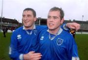 27 February 2002; John Whyte, left, and Brian Donnellan of Limerick celebrate following their side's victory during the eircom League Cup Semi-Final match between Limerick and Shamrock Rovers at Jackman Park in Limerick. Photo by David Maher/Sportsfile