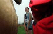 24 February 2002; Fionualla Britton of Sli Cualann AC is interviewed after winning the Junior Women's race during the Inter Club Cross Country Championships of Ireland at the ALSAA Complex in Dublin. Photo by Ray Lohan/Sportsfile