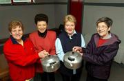 15 February 2002; Ballygunner tea ladies, from left, Ann Power, Betty Flynn, Phine Cunningham and Mary Fitzpatrick pose for a photograph with their teapot, at James McGinn Park in Ballygunner, Waterford. Photo by Matt Browne/Sportsfile