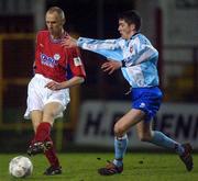 1 March 2002; Tony McCarthy of Shelbourne in action against Gareth McGlynn of Derry City during eircom League Premier Division match between Shelbourne and Derry City at Tolka Park in Dublin. Photo by David Maher/Sportsfile