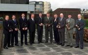 4 March 2002; AIB GAA Provincial Player of the Year Award winners, from left, Simon Whelahan of Birr, Alistair Elliot of Dunloy, Mark Kerins of Clarinbridge, Managing Director of AIB Eugene Sheehy, Enda Muldoon of Ballinderry, Colin Corkery of Nemo Rangers, Uachtarán Chumann Lœthchleas Gael Sean McCague, Fergal Hartley of Ballygunner, Aidan Higgins of Charlestown, and Tommy Gill of Rathnew during the AIB GAA Provincial Player of the Year Awards 2001 at AIB Bankcentre in Ballsbridge, Dublin. Photo by Ray McManus/Sportsfile