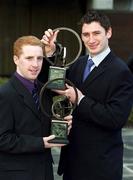 4 March 2002; AIB GAA Provincial Player of the Year Award winners Simon Whelahan of Birr, Leinster Hurling Winner, left, and Mark Kerins of Clarinbridge, Connacht Hurling Winner, during the AIB GAA Provincial Player of the Year Awards 2001 at AIB Bankcentre in Ballsbridge, Dublin. Both players will meet again in the AIB All-Ireland Hurling Club Final on March 17th. Photo by Ray McManus/Sportsfile