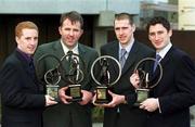 4 March 2002; AIB GAA Provincial Player of the Year Award winners, from left, Simon Whelahan of Birr, Leinster Hurling Winner, Colin Corkery of Nemo Rangers, Munster Football winner, Enda Muldoon of Ballinderry, Ulster Football winner, and Mark Kerins of Clarinbridge, Connacht Hurling winner, during the AIB GAA Provincial Player of the Year Awards 2001 at AIB Bankcentre in Ballsbridge, Dublin. All four winners will be in action in the AIB Club Finals on March 17th. Photo by Ray McManus/Sportsfile