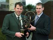 4 March 2002; AIB GAA Provincial Player of the Year Award winners Colin Corkery of Nemo Rangers, left, Munster Football winner, and Enda Muldoon of Ballinderry, Ulster Football winner, during the AIB GAA Provincial Player of the Year Awards 2001 at AIB Bankcentre in Ballsbridge, Dublin. Both players will meet in the AIB All-Ireland Football Club Final on March 17th. Photo by Ray McManus/Sportsfile
