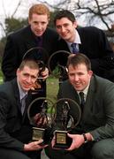 4 March 2002; AIB GAA Provincial Player of the Year Award Winners, Simon Whelahan of Birr, back left, Leinster Hurling winner, Mark Kerins of Clarinbridge, Connacht Hurling winner, Enda Muldoon of Ballinderry, Ulster Football winner, front left, and Colin Corkery of Nemo Rangers, Munster Football winner, during the AIB GAA Provincial Player of the Year Awards 2001 at AIB Bankcentre in Ballsbridge, Dublin. All four players will contest the AIB All-Ireland Hurling and Football Club finals on March 17th. Photo by Ray McManus/Sportsfile